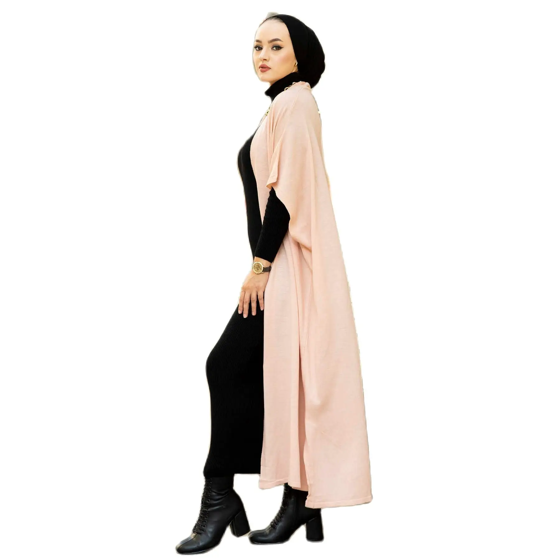 2 Piece Women's Set Embroidery Patterned Knitwear Maxi Turtleneck Dress and Maxi Cardigan Bat Wing Sleeve Turkey Muslim Fashion