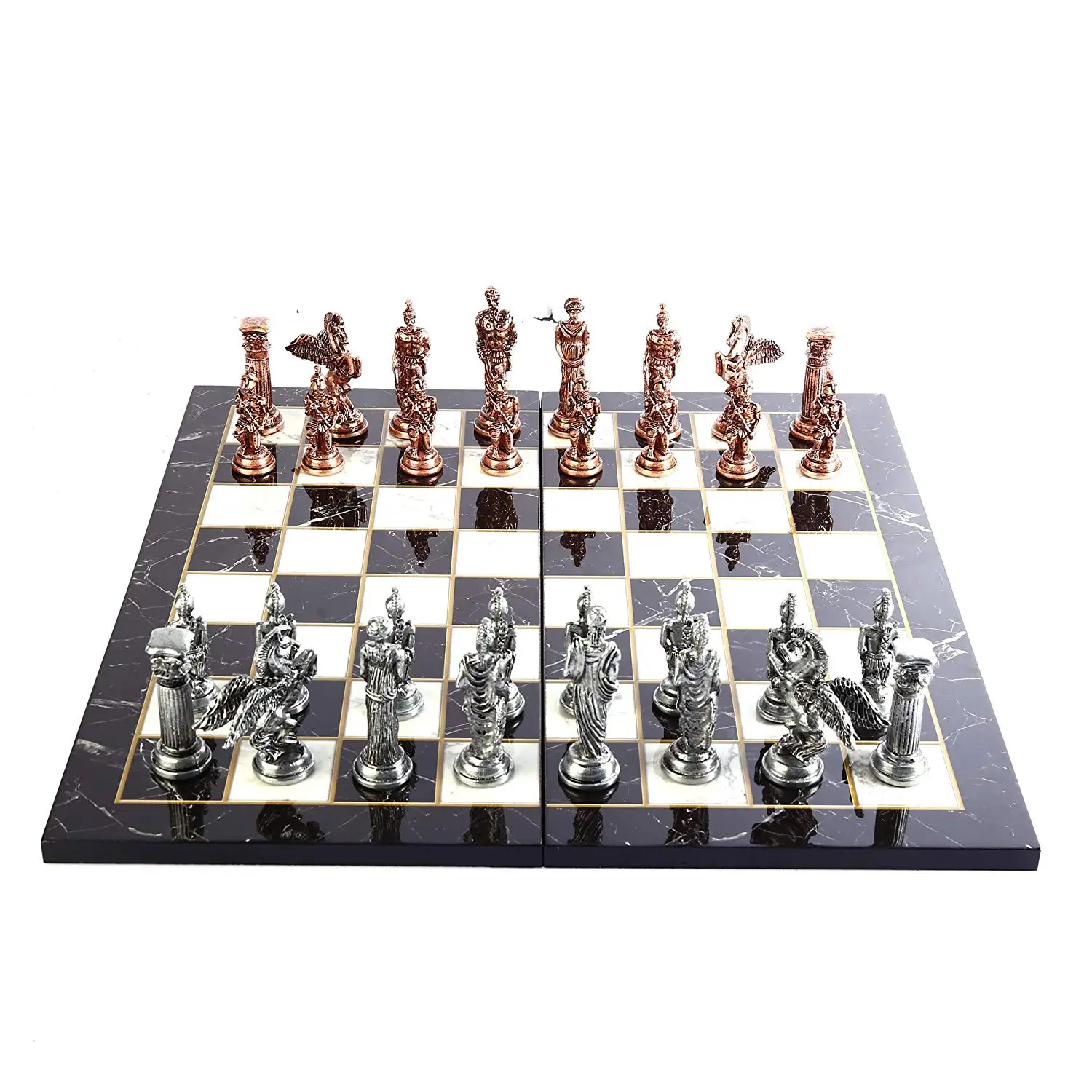 

Mythologic Antique Copper Pegasus Figures Metal Chess Set,Handmade Pieces and Marble Design Wood Chess Board King 9.5 cm