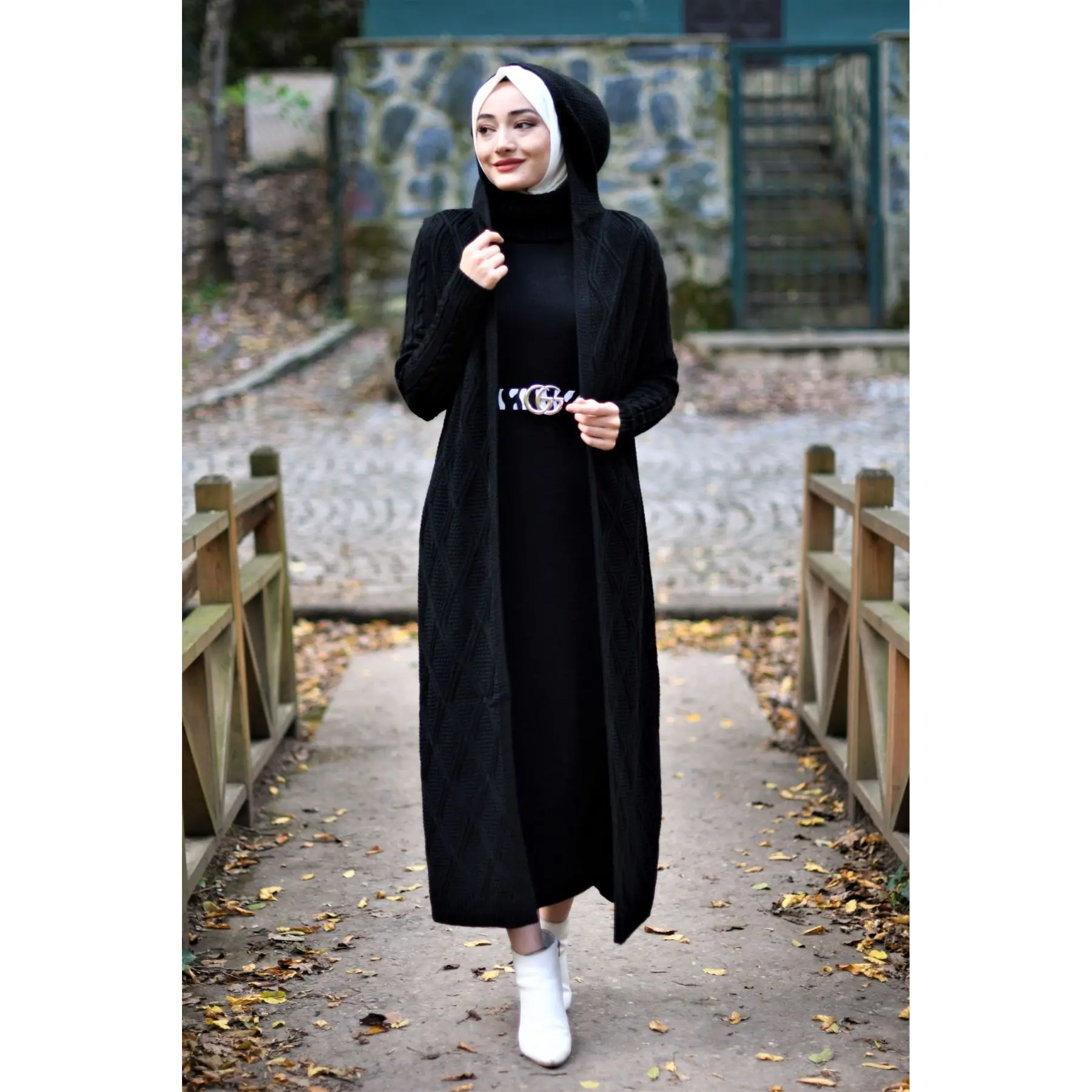 2 Piece Women\'s Knitted Set Turtleneck Maxi Dress and Hooded Maxi Knitted Cardigan Embroidery Pattern Knitwear Muslim Fashion