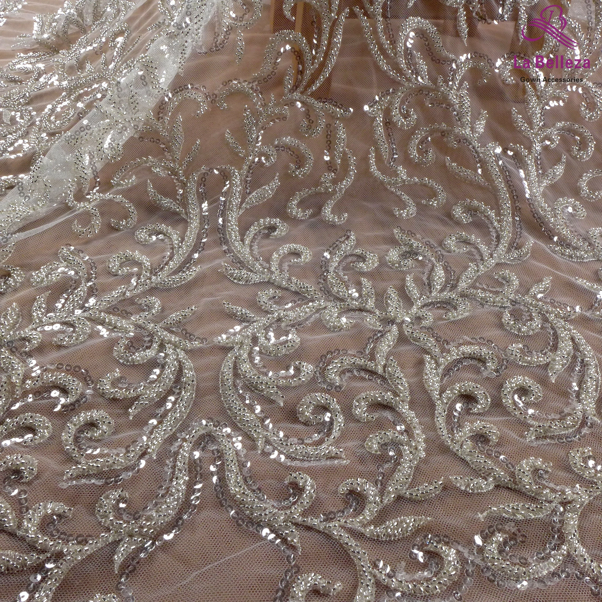 Silver wedding lace fabric,Ivory Heavy beaded gown lace,Evening dresses,110cm width Ivory sequins lace fabric 1 yard