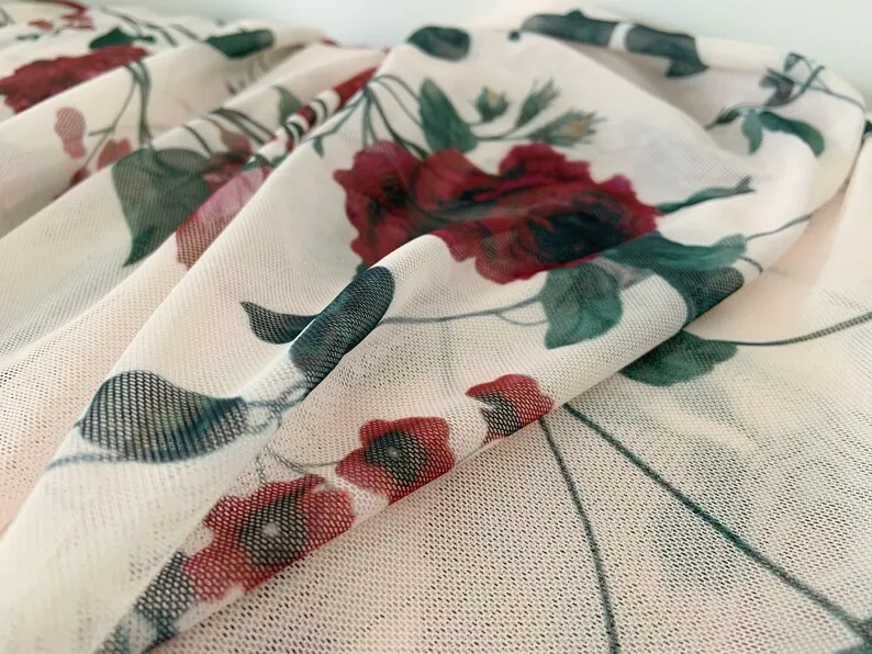 Printed 4 Way Stretchy Mesh Fabric With Red Roses, Ivory Power Mesh Fabric For Dress Elastic Mesh Fabric With Printed Flowers