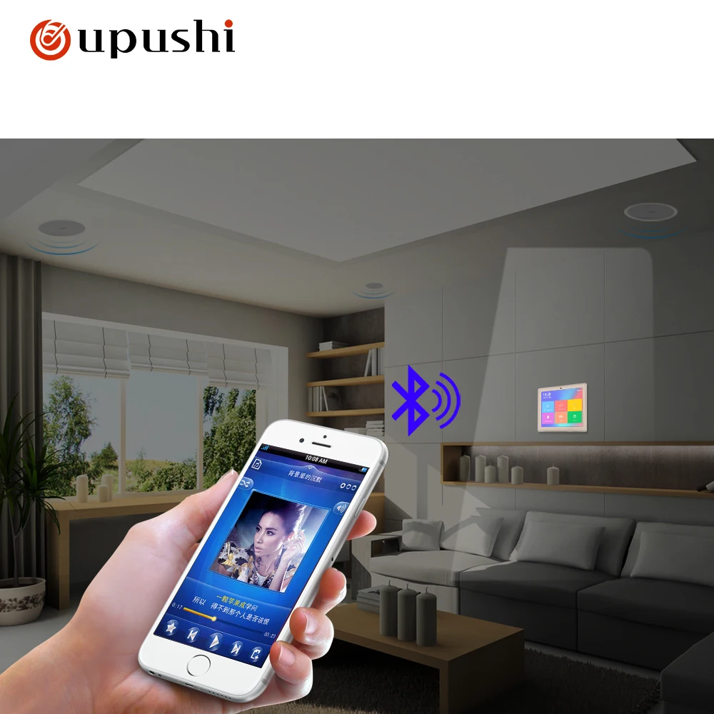 Oupushi smart home audio system 4inch mini touch screen wireless bluetooth in wall amplifier with ceiling speaker bathroom music