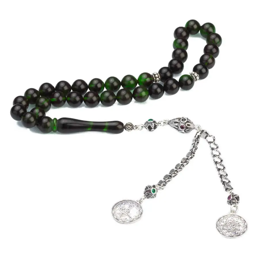 

Wavy Green Amber Gemstone Prayer Rosary Men Sphere Cut Rosary With Silver Tassel Turkish Tasbih With Ottoman Tughra Model Tassel