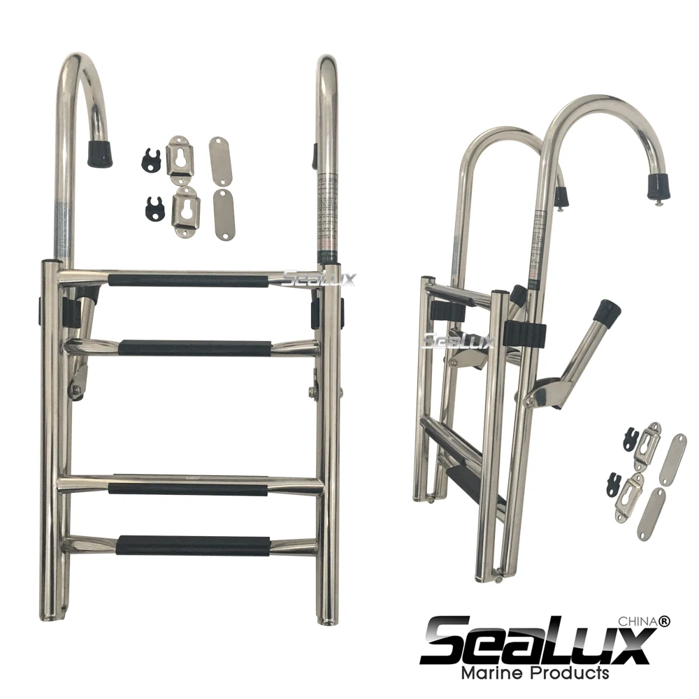 Sealux Stainless Steel 304 2+2 Steps Folding Ladder Boarding Ladder with Handle for Marine Boat Yacht Fishing Sail