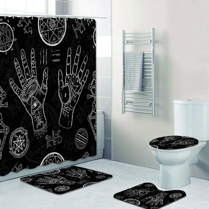 Vintage Black Boho Palmistry Hand Shower Curtain Home Decor Psychic Reading Magic Witchcraft Bathroom Curtains Mat Rug Halloween