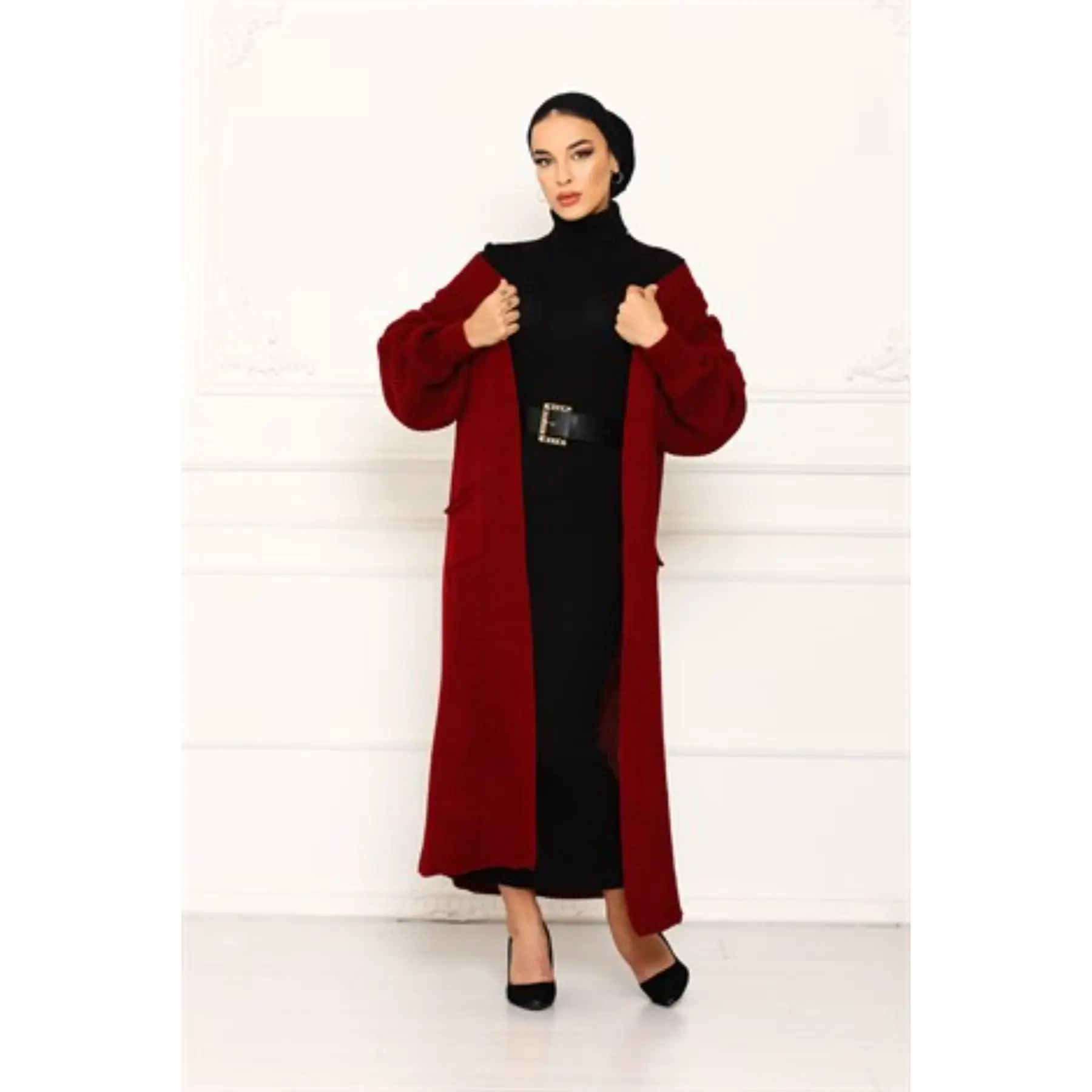 2 stück frauen Set Stickerei Gemusterte Strickwaren Maxi Rollkragen Kleid und Tasche Detaillierte Maxi Strickjacke Türkei Muslimischen Mode