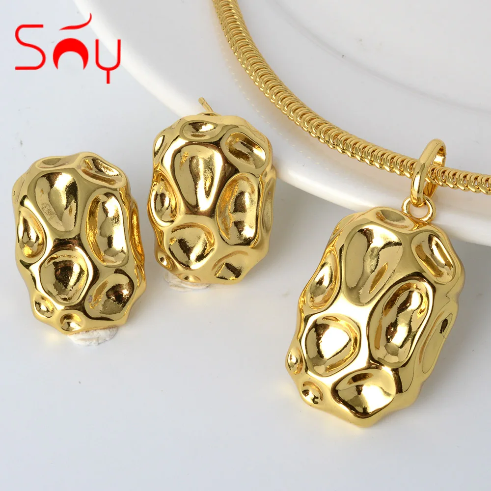 Sunny Jewelry Set Irregularity Earrings Pendent Necklace Copper 18K Gold Colour For Women Wedding Party Anniversary Jewelry Gift