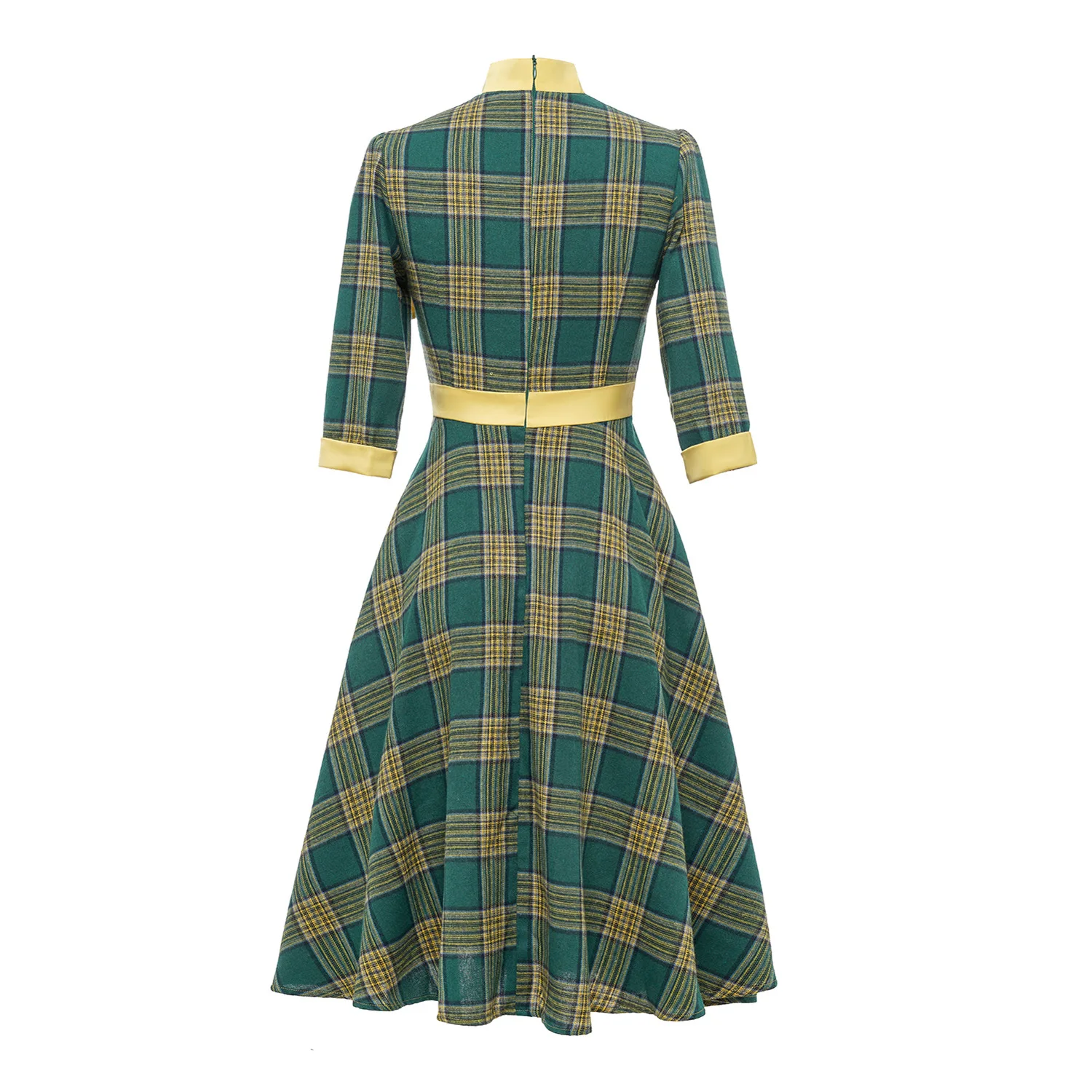 2023 Fall and winter new plaid turtleneck green seven-sleeve bow tie retro dress