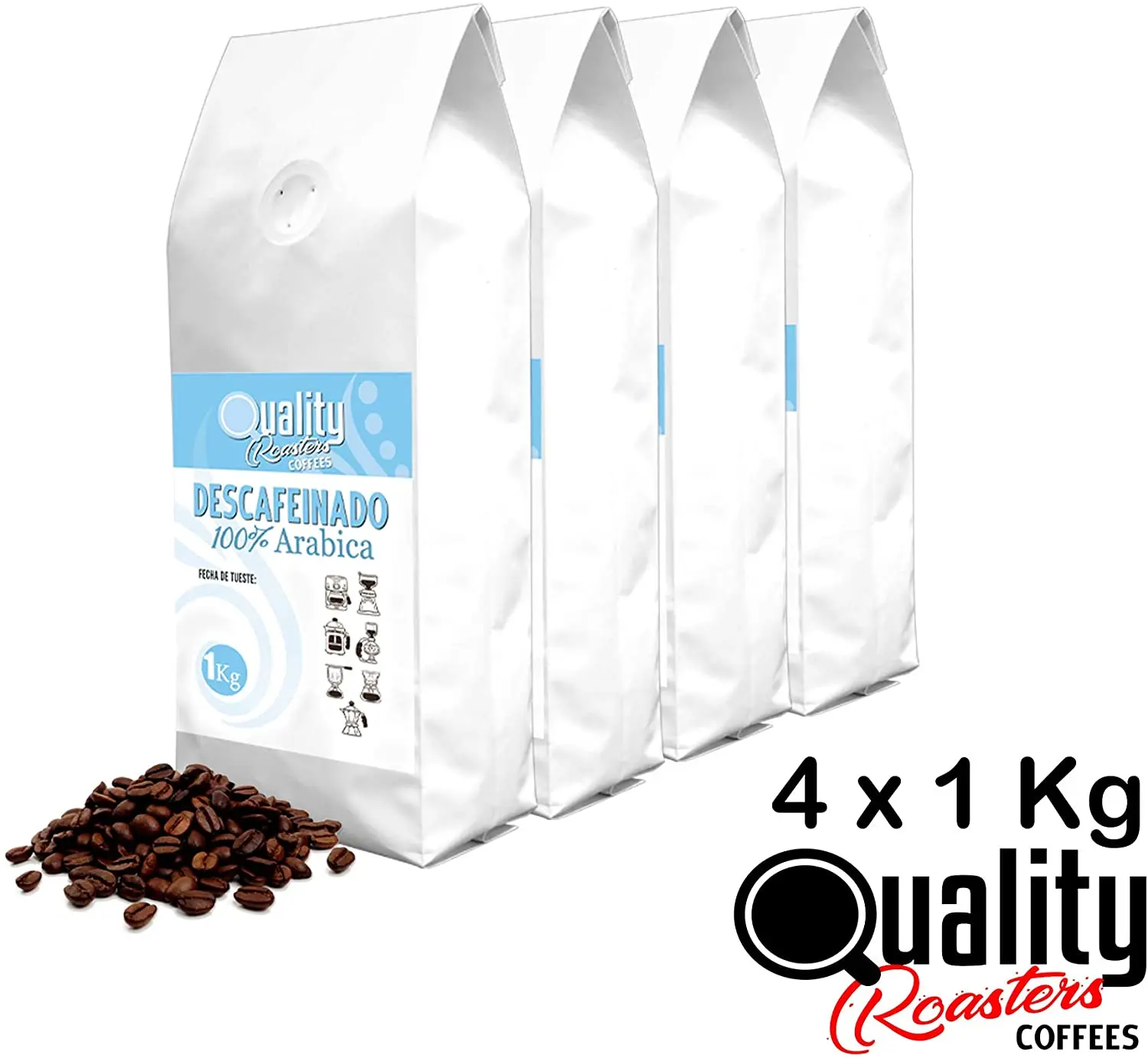 Quality Roasters Coffees. Café en grano natural. Descafeinado. 100% Arábica. Pack de 4 Kg. Tostado artesanal. Tueste Medio. 4 x 1 Kg.