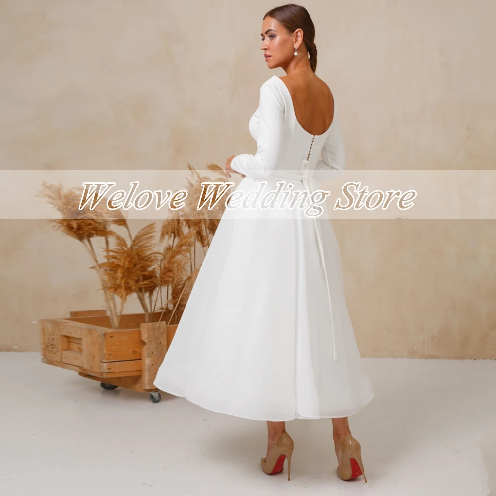 Short Tulle Wedding Dress White Long Sleeve V Neck Tea Length Bridal Gown Simple Button Back Civil Engagement Vestido Novia 2024