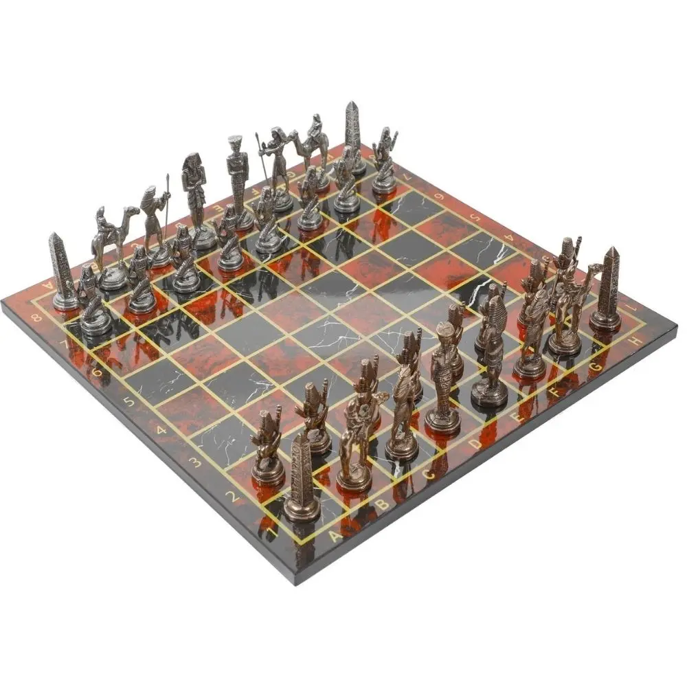 

Luxury Metal Chess Set Chrome Plated Bronze Egyptian Army & Flame Red Marble Patterned Board Luxury Chess Board Game Chess Piece