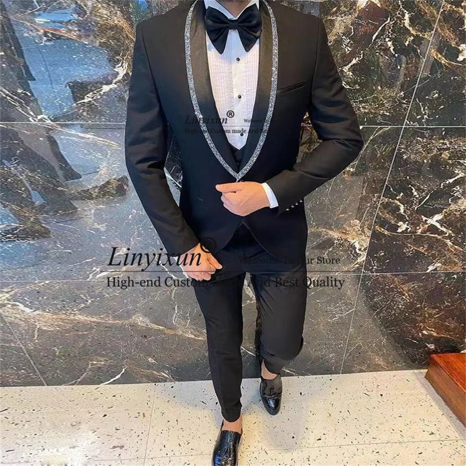 

Luxury Sequin Shawl Lapel Mens Suits For Wedding 3 Pieces Outfit Groom Tuxedos Black Business Male Prom Blazer costume homme