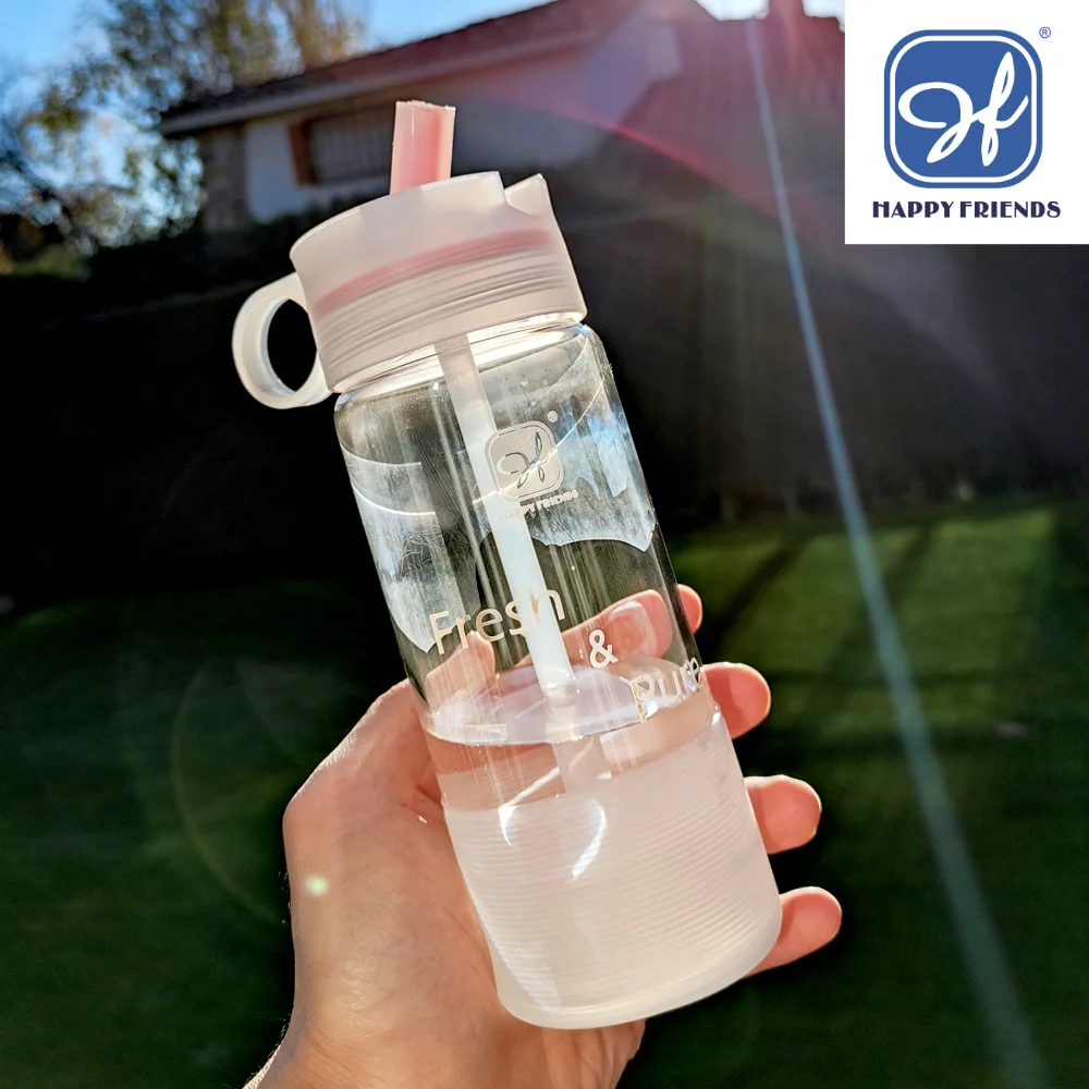 Glass Water Bottle 360mL with Straw and Silicone Protected Bottom Portable for Travel Happyfriends