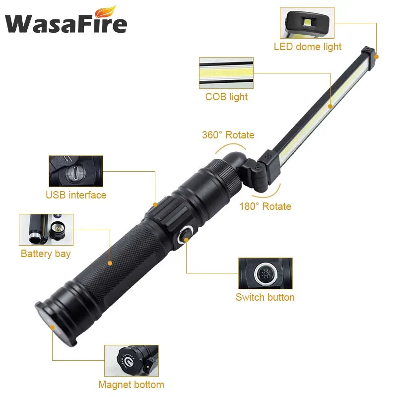 Lámpara de antorcha giratoria plegable, luz de trabajo COB, linterna LED magnética, carga USB con batería integrada, linterna impermeable para