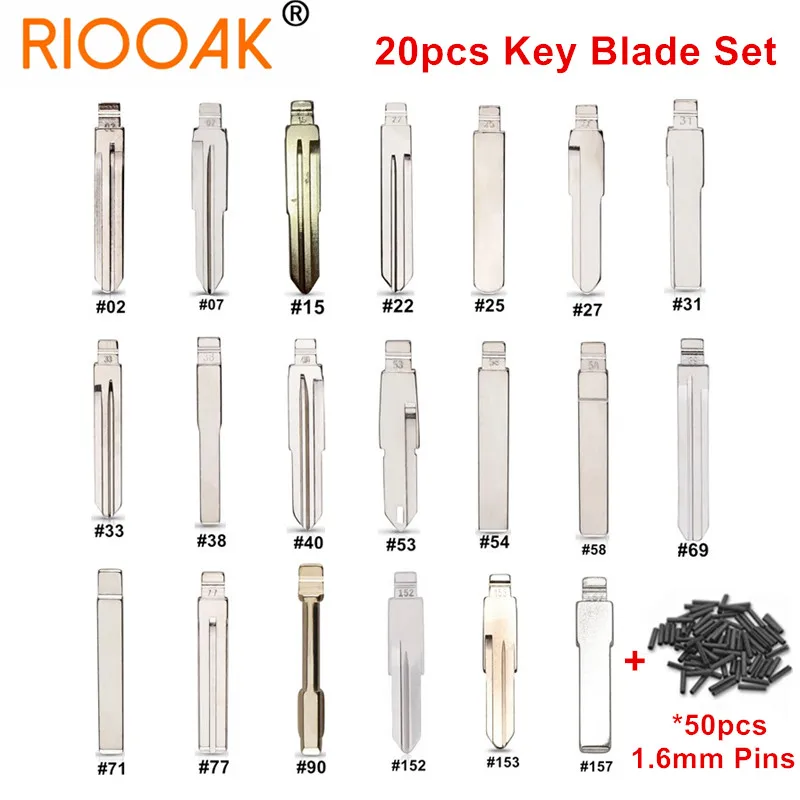 20pcs Uncut Car Key Blank Blade Set with 50pcs 1.6mm Pins For KEYDIY KD VVDI JMD Remote For Renault Toyota VW Peugeot Citroen