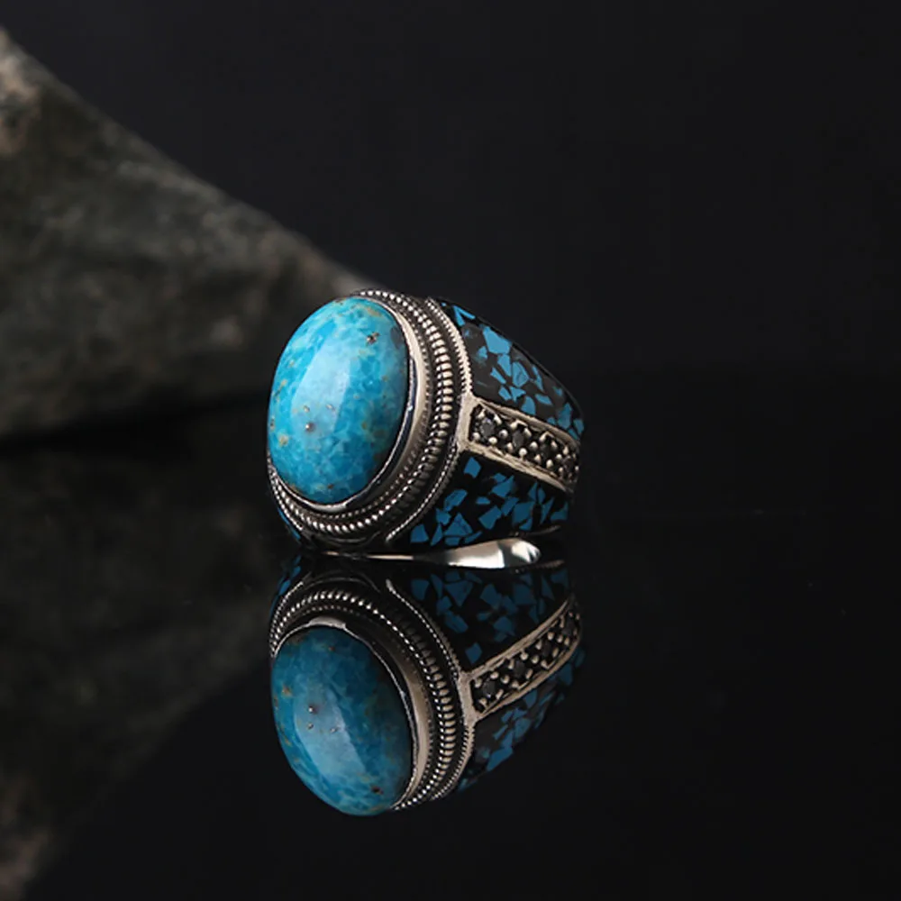 Natural Turquoise Stone Men Ring Power Traditional Handmade 925 Silver Ring Turkish Signet Rings Rock Jewelry Gift for Women Men