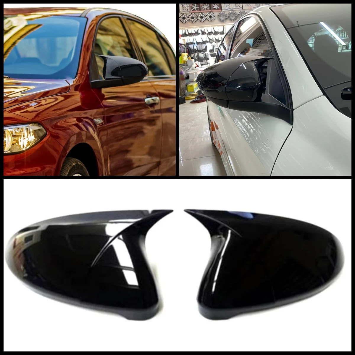 For Dodge Neon Fiat Tipo Sedan HatchbackABS Plastic Bat Wing 2 Pieces Mirror Covers Caps Rearview Mirror Case Cover Gloss Black