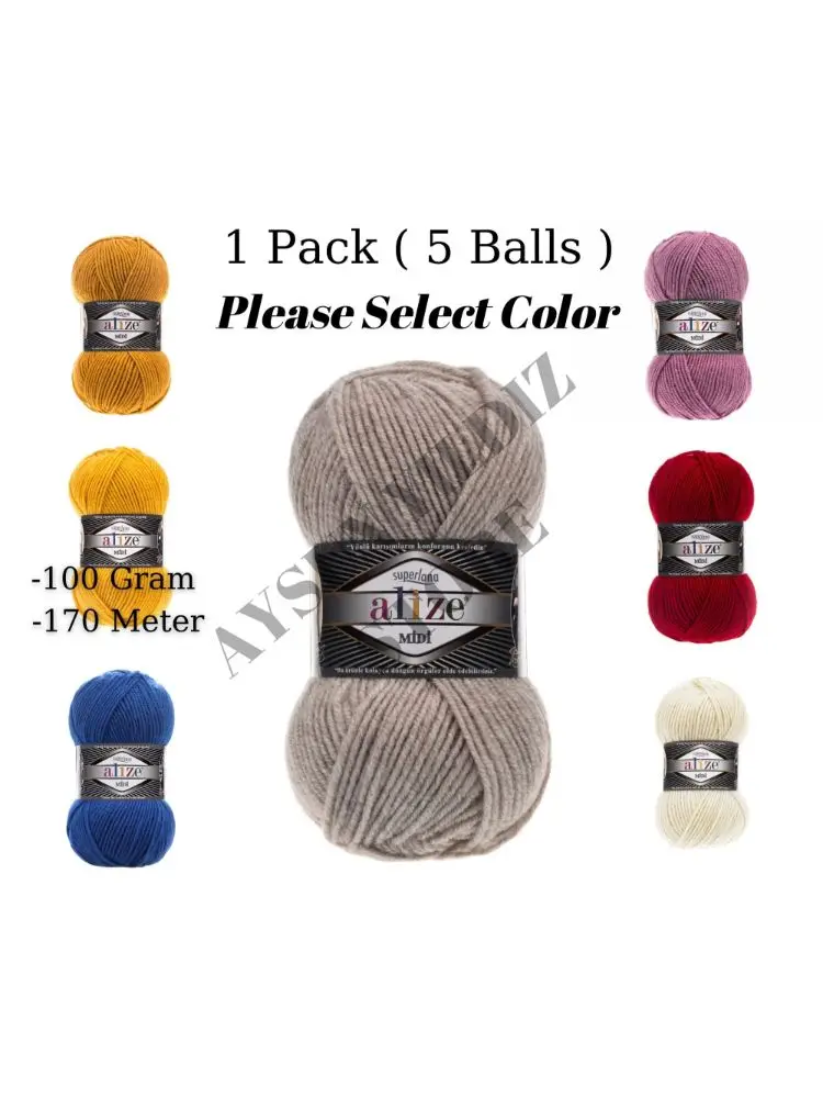 Thread 1 Pack ( 5 Balls ) Alize Superlana Midi Knitting Yarn (%25 Wool %75 Acrylic) 100 Gram 170 Meter Crochet Tool Kit