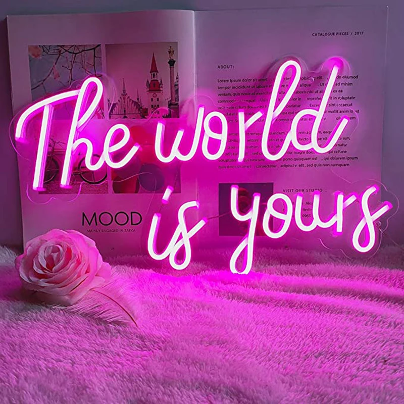 Custom LED Neon Sign, The World Is Yours LED Light Sign, Pink Neon Light, Home Room Wall Aesthetics Decoration, INS Shop Decor