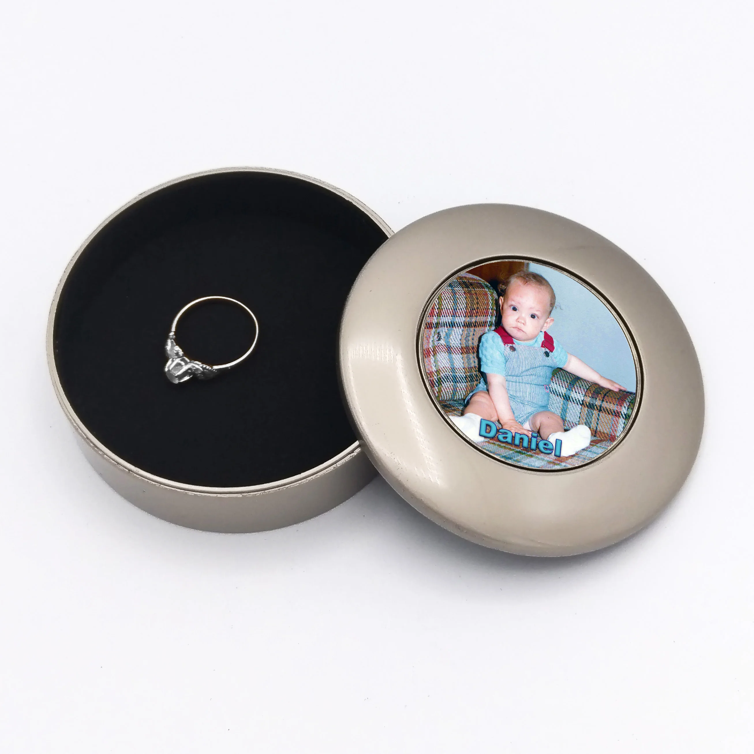 Metal Jewelry Case with Silver Okating - Metal Medallion with Crystal Dome - Customization of Medallion Included.