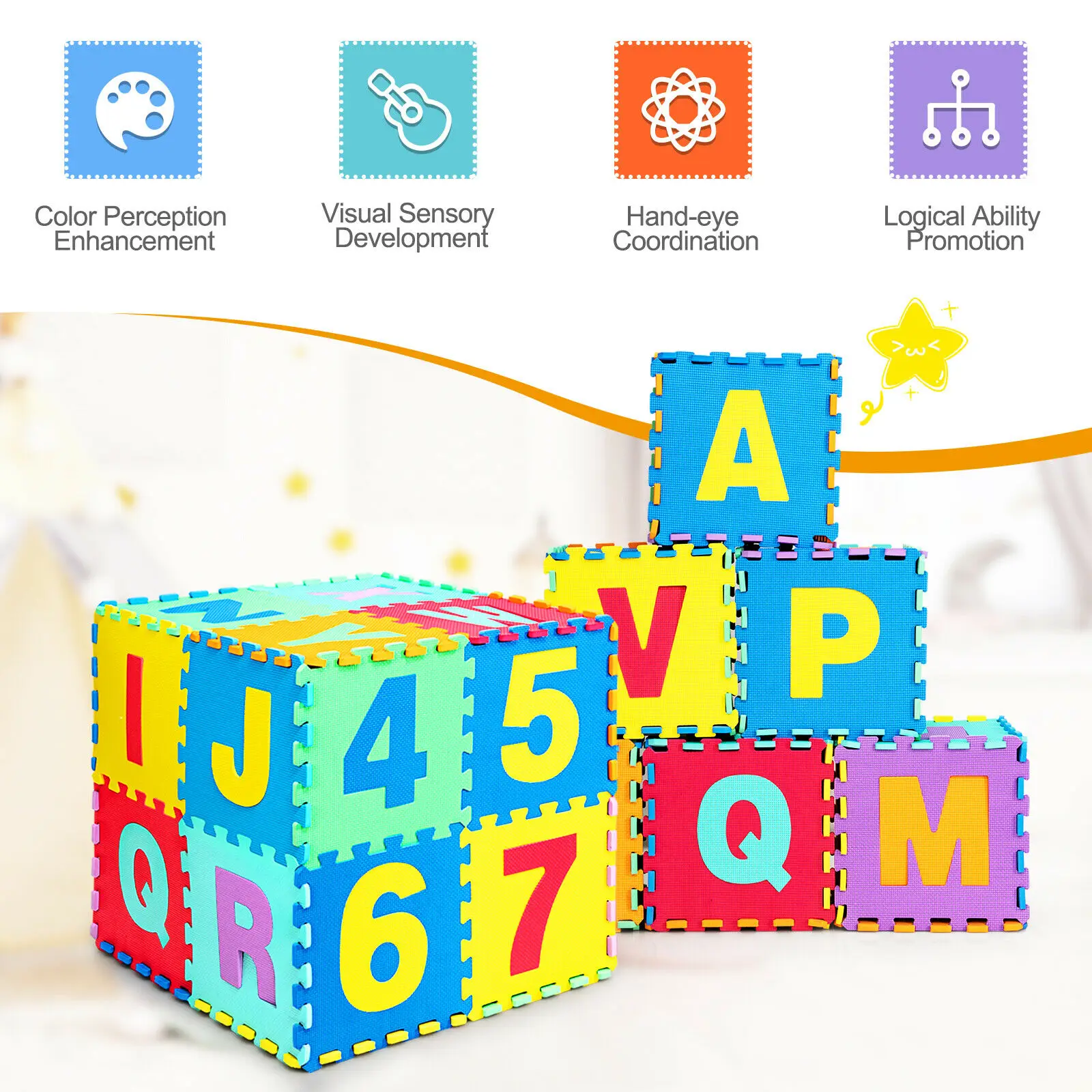 Babyjoy Kids Foam Grijpende Puzzel Speelmat W/Alphabet & Numbers 72 Stuk Set HW70218