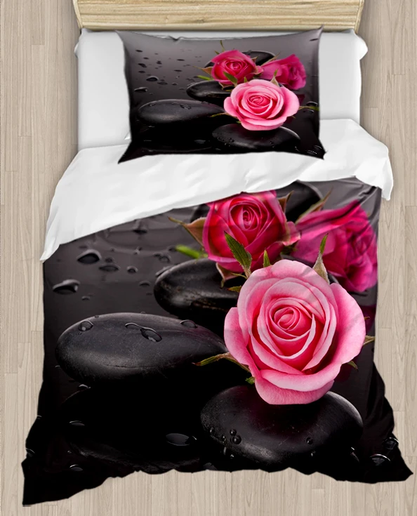 

Else Pink Roses Black Spa Stones Flowers 4 Piece 3D Print Cotton Satin Single Duvet Cover Bedding Set Pillow Case Bed Sheet