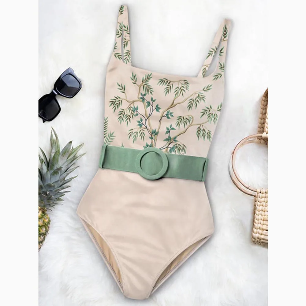 Lace Up Forest Vintage Tankini One Piece Swimsuit Bikini Beachwear Surfwear Thong Swimming Belt Tight Green Monokini