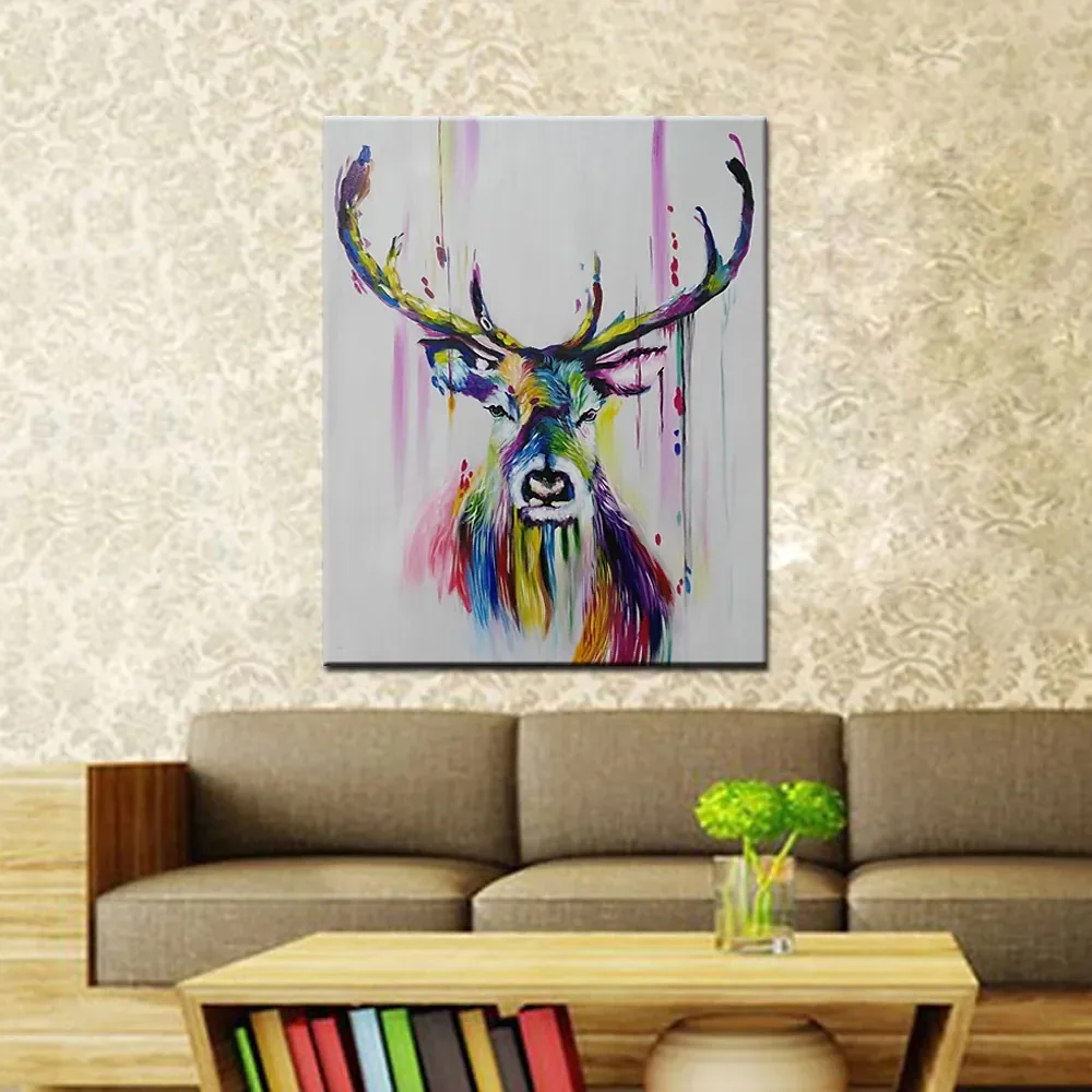 

Colorful Deer abstract Animal Painting Yellow Green oil Painting Palette Knife Wall Art Picture Living Room Home Decoration