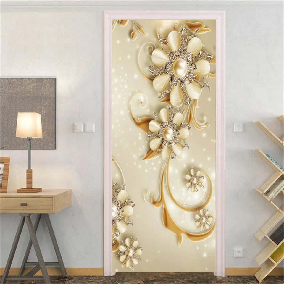 Pink Roses Wallpaper 3D Door Sticker Waterproof Removable Poster Bedroom Decoration Mural Home Art Decor Wall Decal Deurstickers