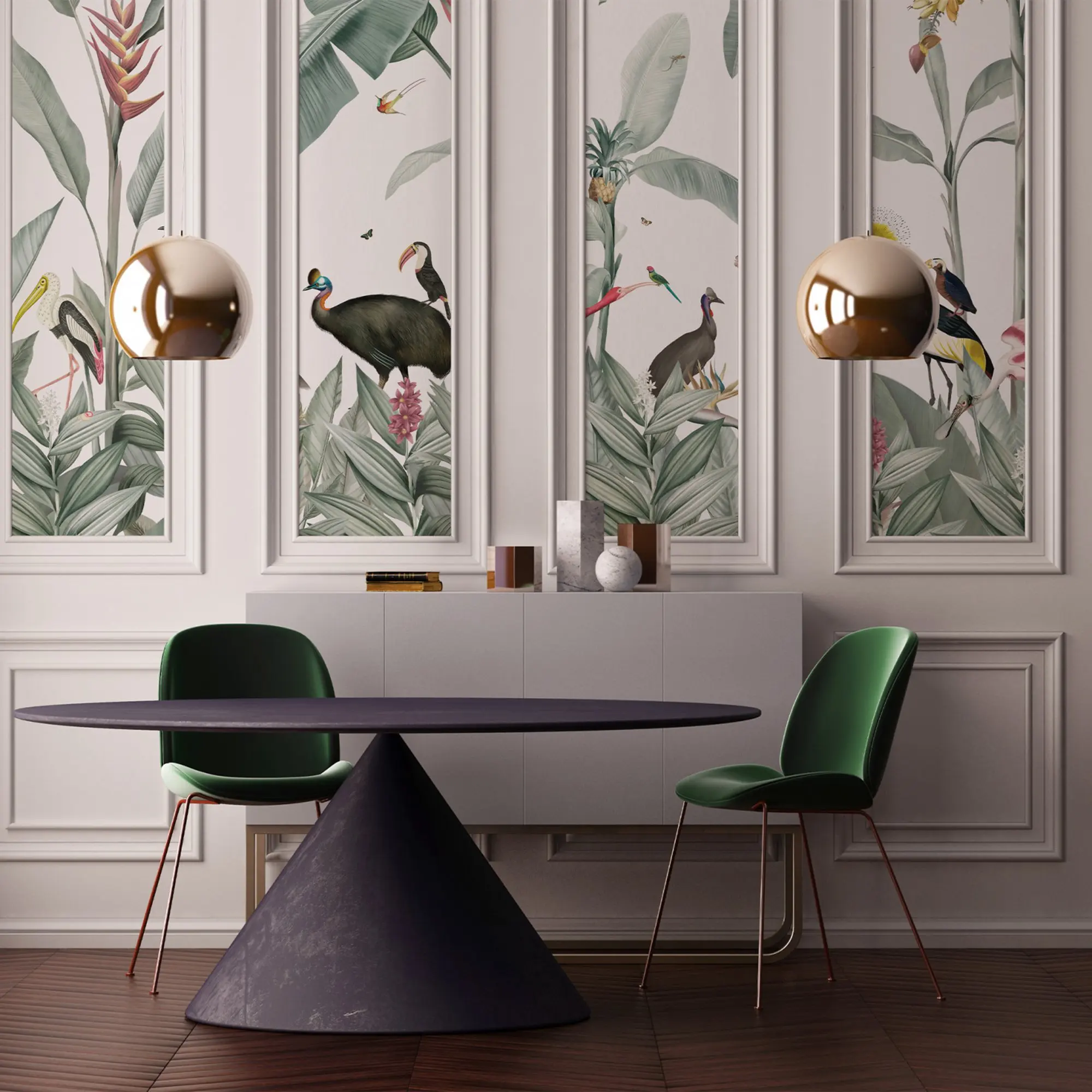 Casela Birds Wallpaper, bespoke panoramic wallpaper depicting a caravan of tropical birds moving among the  palm trees