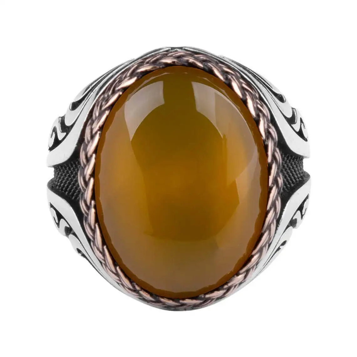 Genuine 925 Sterling Silver Turkish Ring for Men Natural Yellow Agate Stone Men's Ring Fine Jewelery Knitting Pattern Men Gift