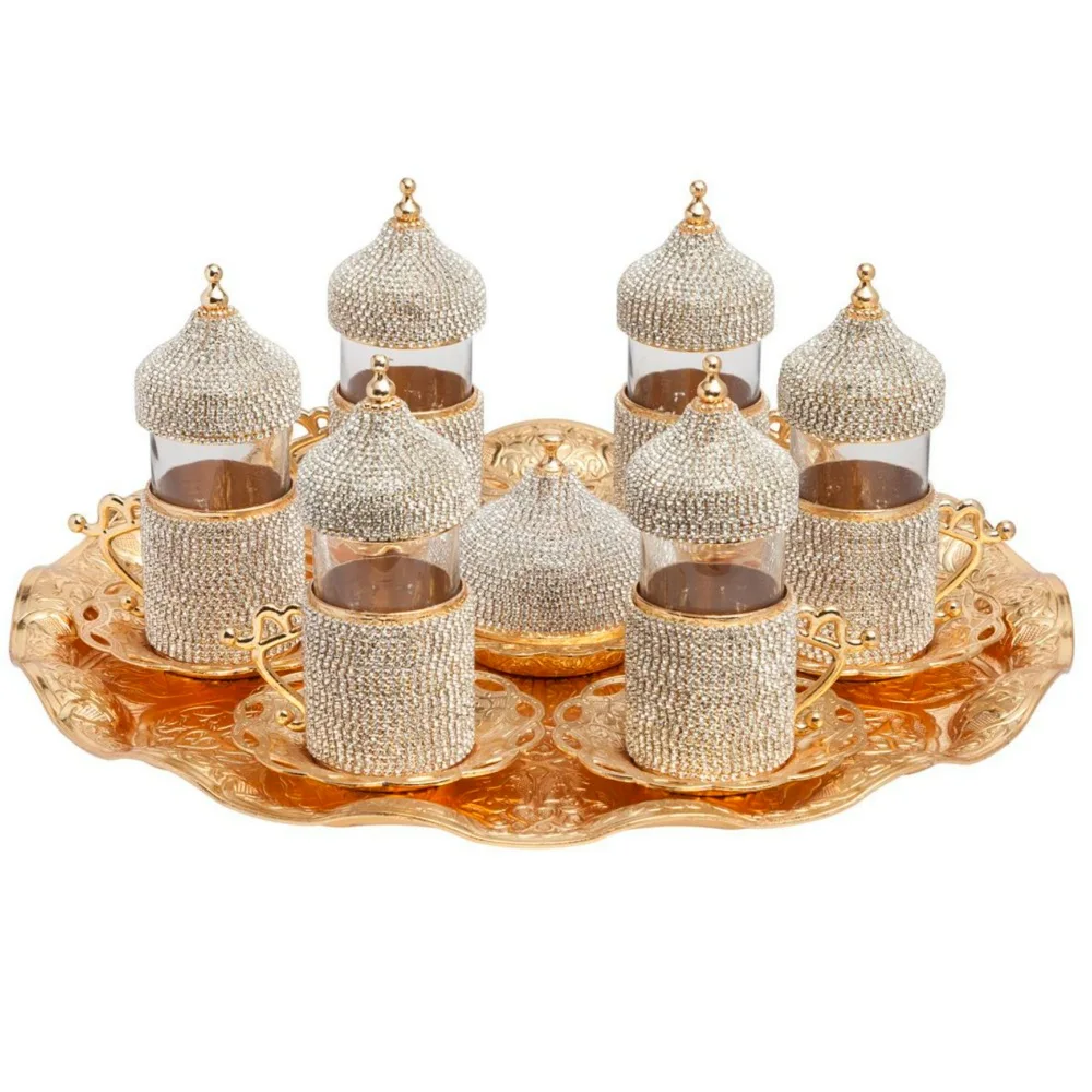 (Set of 6) Handmade Turkish Tea Glasses Set, with Plate  Decorated with Swarovski Type Crystal and Pearl  27 Pieces