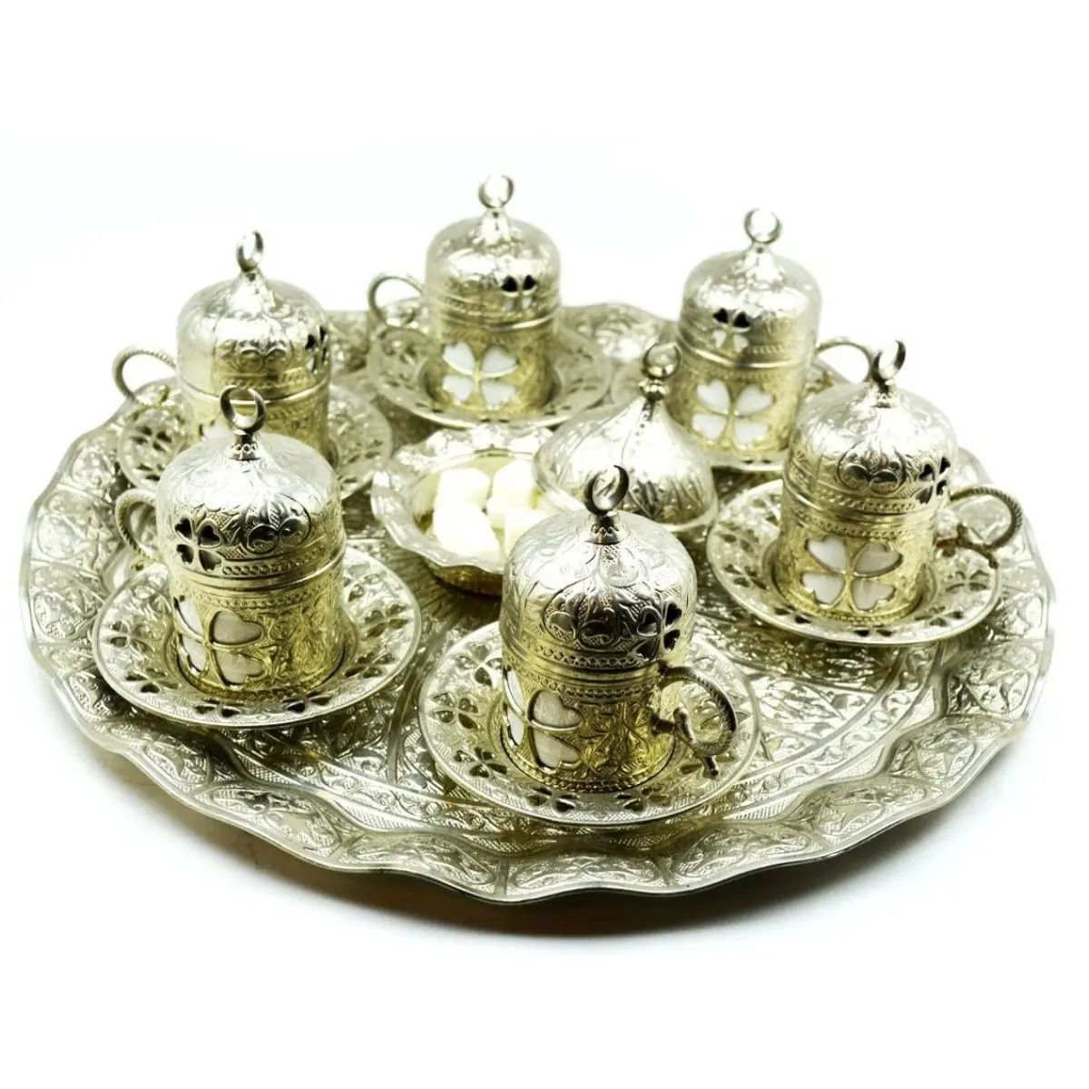 Ottoman Decorative 6 Person Coffee Set Authentic Turkish Arab Greek Coffee, Silver  Colored Pologift Cast Metal Porcellain 90 ml