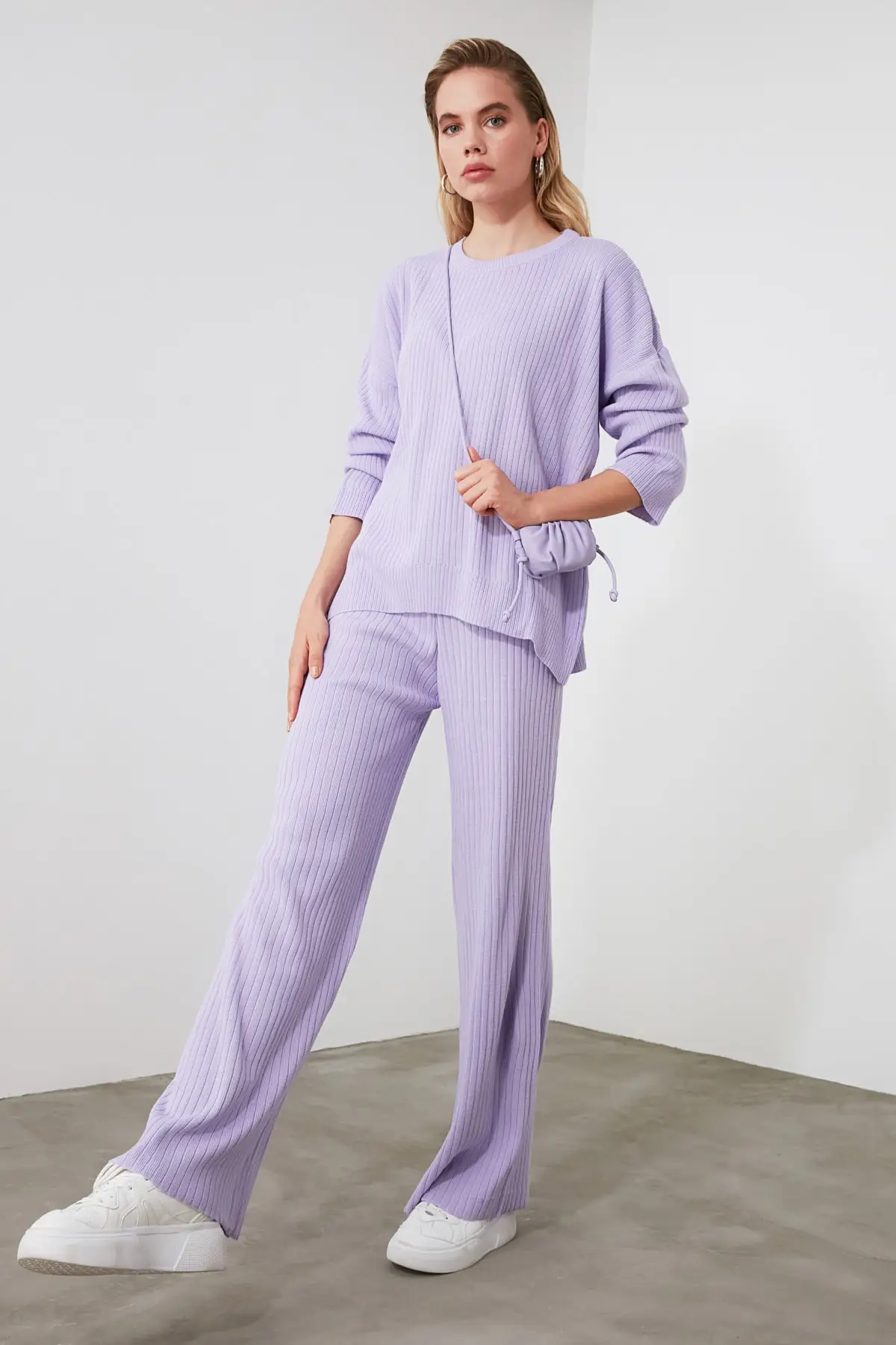 Lilac Ribbed Sweater Pants Knitwear Sub-Top Suit TWOSS20AU0084