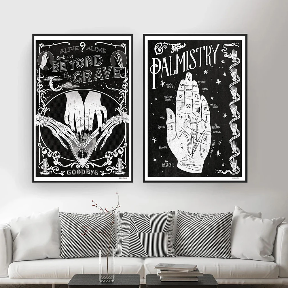 Palm Reading Prints Antique Palmistry Fortune Telling Chart Poster Vintage Wall Art Picture Black Canvas Painting Occult Decor