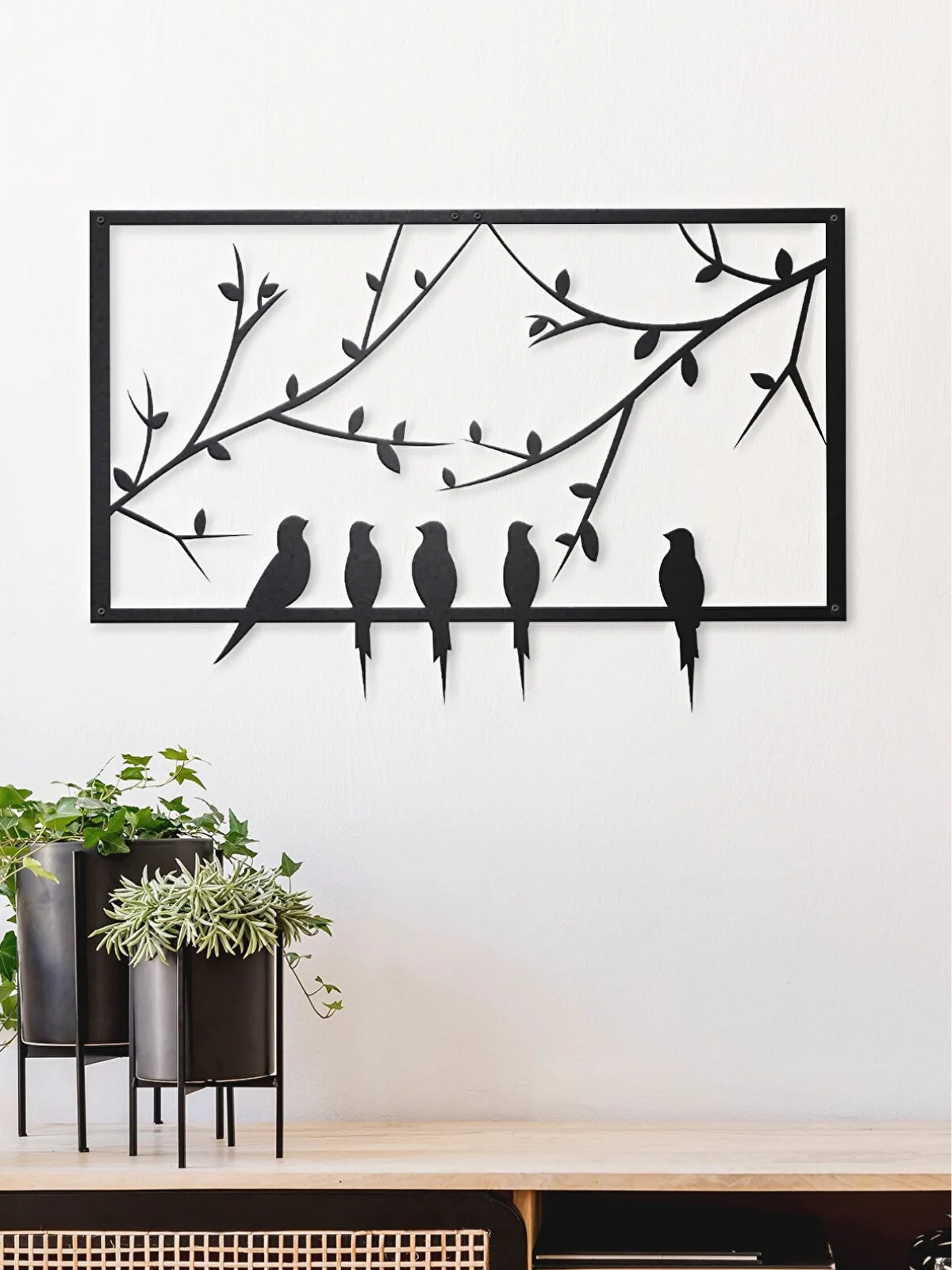 Birds And Tree Branches Metal Wall Art Decor 3D Laser Cut 75x50 Cm 1.5 Mm. Black New Modern Nature Decorative Board Home Accessory Living Room Bedroom Hall Collection Turkish Quality Made In Turkey