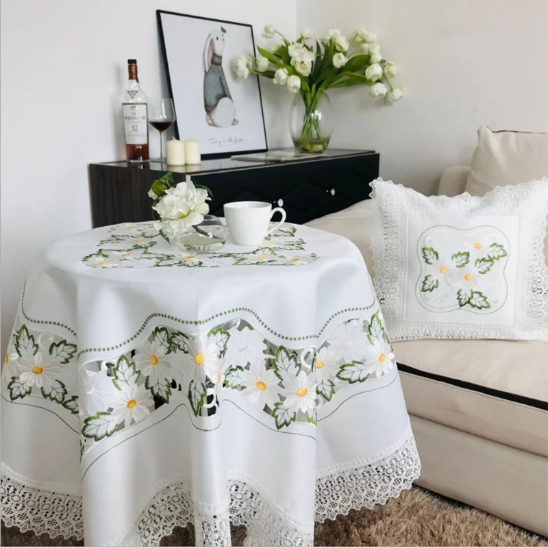 EMDKONI satin hollow embroidery small daisy tablecloth coffee table tablecloth European table runner pillow cushion