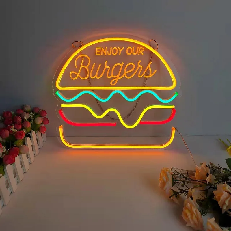 New Style LED Neon Sign Hamburger Neon For Restaurant Eating House Decor Wall Neon Led Sign Fast Foods Shop Cinema Bar Cafe Sign