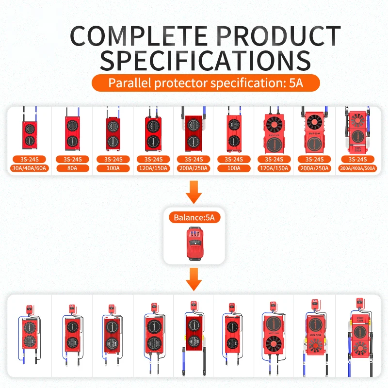 5A Smart Parallel BMS Lifepo4 4S 3S 12V With Balance 24V 36V 48V 30A~500A Li-Ion LTO 5S 6S 7S 8S 10S 12S 13S 14S 15S 16S