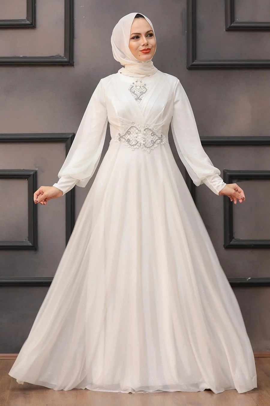 50151 Silvery Islamic Clothing Evening Dress Muslim women clothes Evening Dress Long Sleeve Muslim Women Prom Party Ceremony