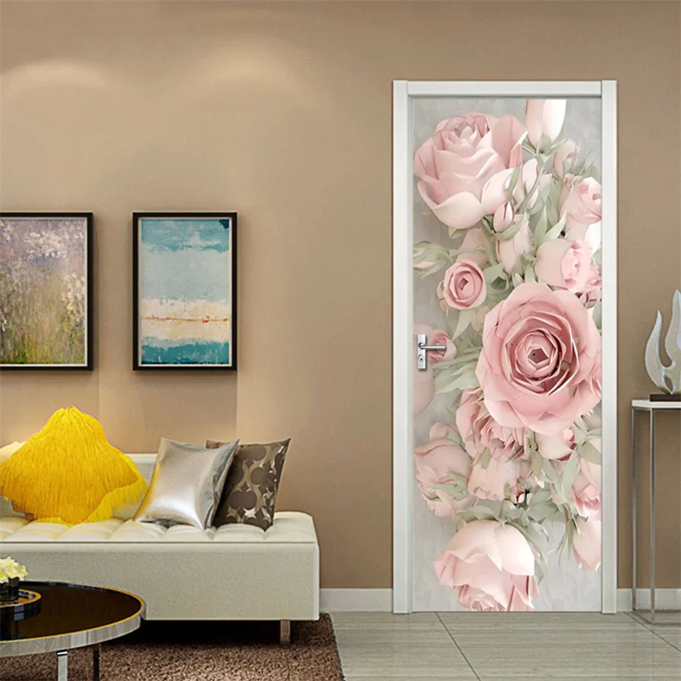 Pink Roses Wallpaper 3D Door Sticker Waterproof Removable Poster Bedroom Decoration Mural Home Art Decor Wall Decal Deurstickers