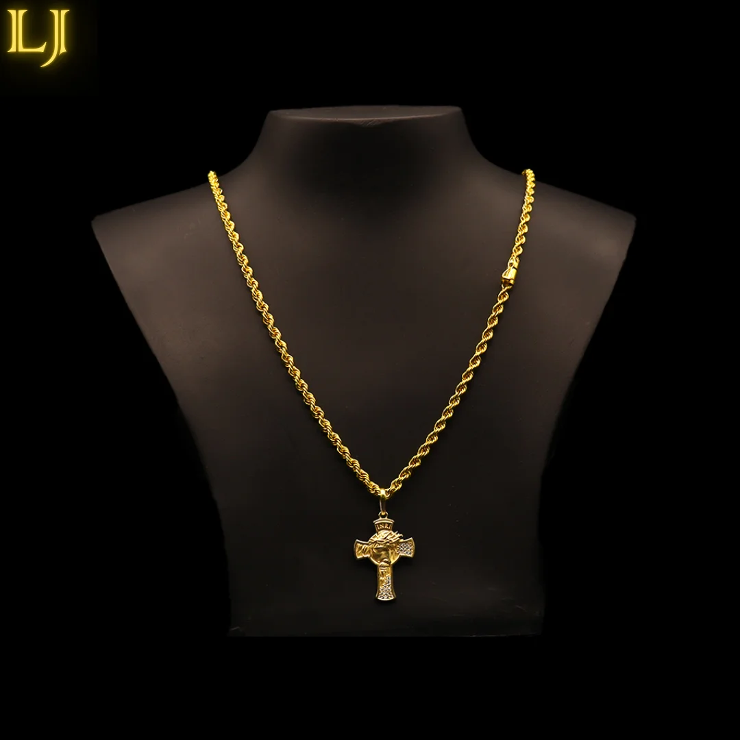 5MM Baiano Chain Set Cross Pendant Cravated with 3D Christ Face in Ancient Coin®Eternal Guarantee in Color!
