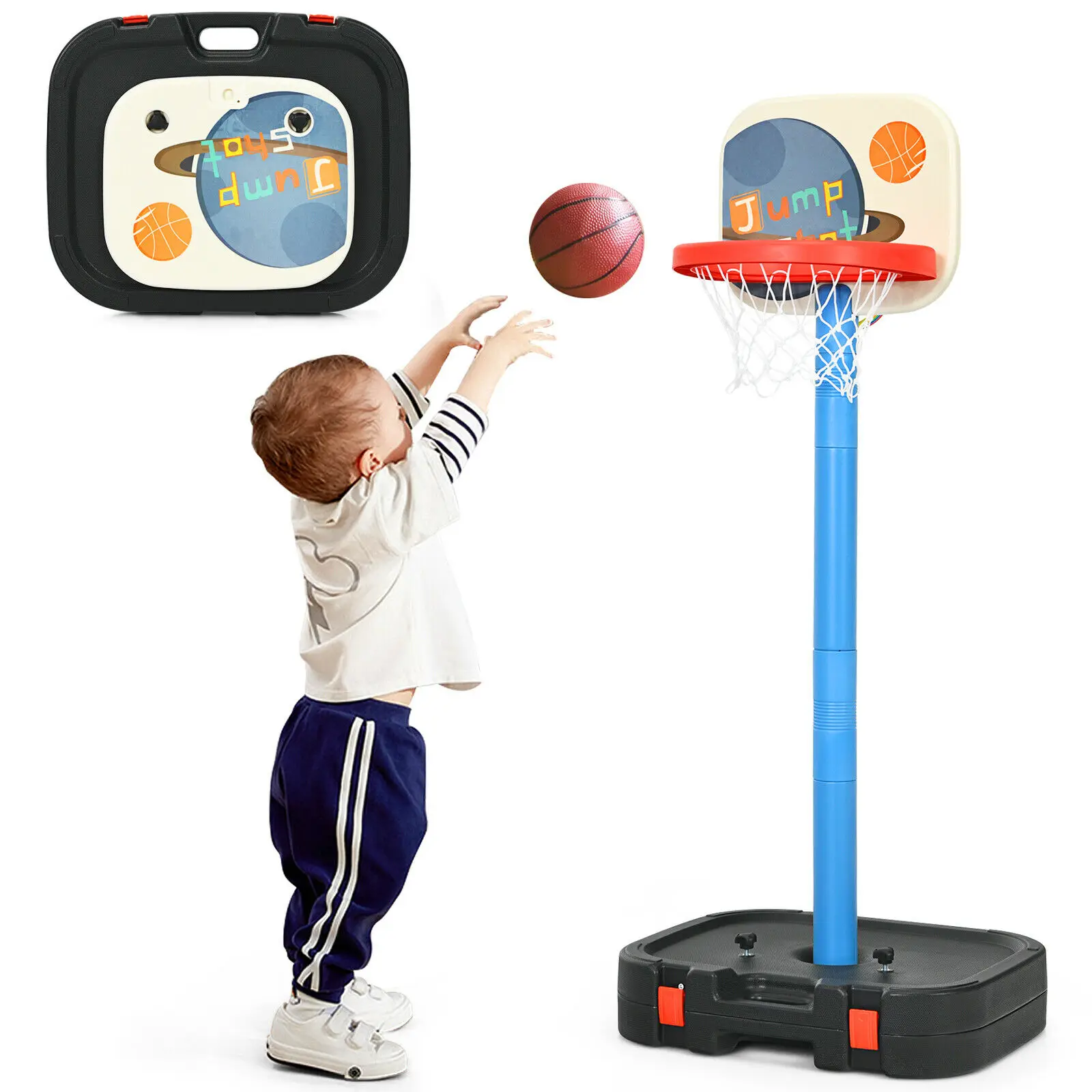 Honeyjoy Portable 2 in 1 Kids Basketball Hoop Stand w/ Ring Toss & Storage Box  SP37548