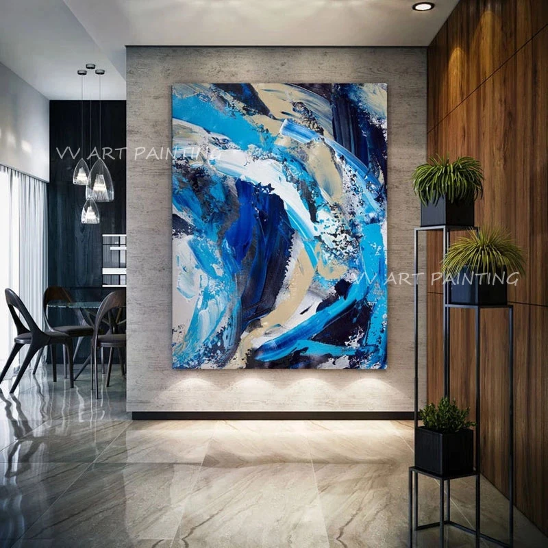 Modern Nordic Vibrant Blue Abstract Oil Painting, Handmade Impasto Vertical Canvas Art, Large Unframed Statement Wall Decor Gift