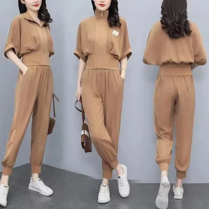 Sportswear Women's Summer 2023 New Waist Closing Thin Coat Short Sleeve Nine Point Pants Leisure Sports Two-piece Set