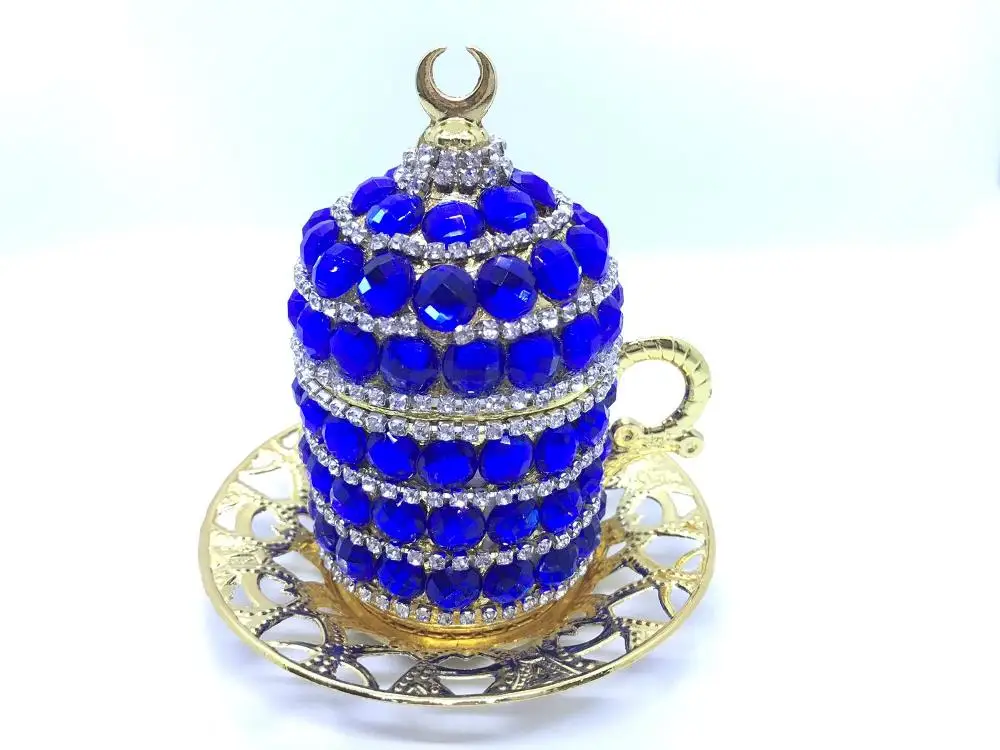 Blue Crystal Coated Turkish Coffee Cup With Saucer and Lid