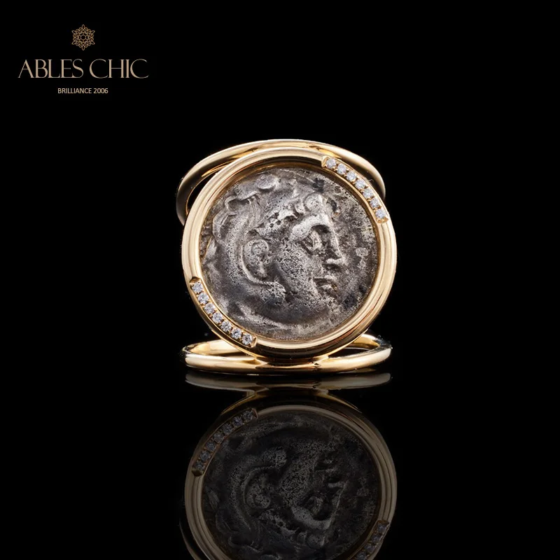 Byzantine Heracles Bust Authentic Ancient Silver Coin 18K Gold Ring Natural Diamond 0.049ct Greek Vintage Rings 10.25g