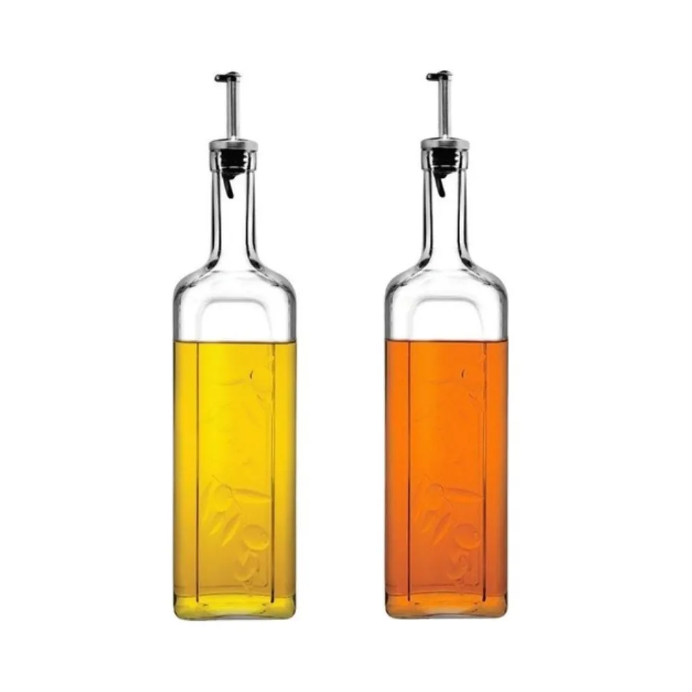 Glass Olive Oil Dispenser Bottle Set 2 Pcs 1000 cc Transparent Vinegar Cruet Carafe Decanter For Kitchen