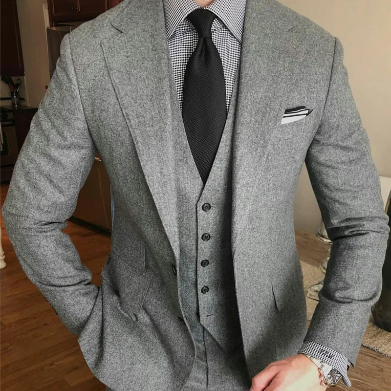 Terno de inverno masculino plus size, calças formais tweed com dois botões, casaco padrinho de casamento, jaqueta + colete + calça