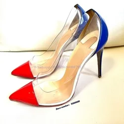 Pointed Toe Clear PVC High Heel Blue and Red Pumps 12CM 10CM 8CM Stiletto Heels Neon Yellow Heel Patchwork Color Wedding Shoes